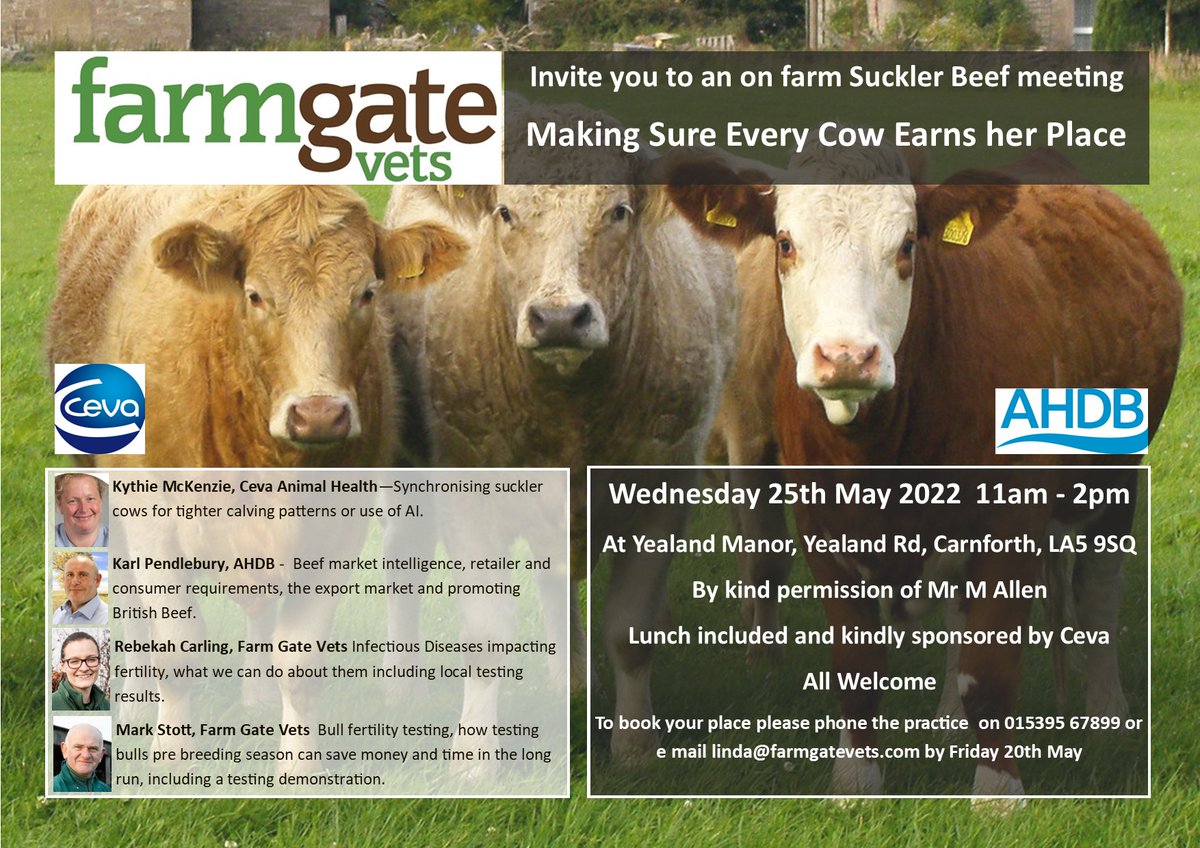 GateVets's tweet photo. It's been a while since we have had a meeting specifically for beef suckler farmers so we will be very pleased to welcome you to this one. Details on the image #prids #ahdbbeef #cattlefertility #cevaanimalhealth #bullfertilitytesting #farmvets https://t.co/w9bKby65W4