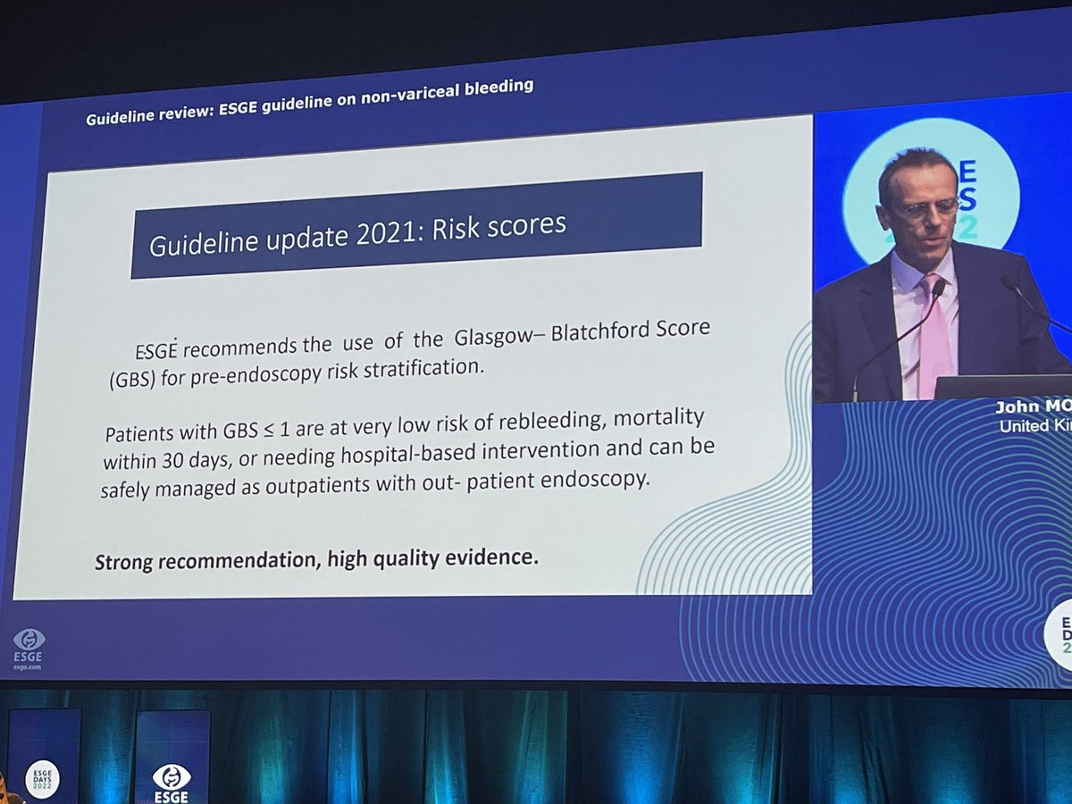 drmanmeetm's tweet photo. #ESGEDays2022 Strong show @BritSocGastro @ESGE_news
J Morris presents #UGIB guideline.
Keep aspirin going, bd PPI over infusion and get comfortable with using over the scope clips.
Oh and you can legitimately say I’m not getting out of bed <12h to scope that! #resuscitatefirst https://t.co/6lxlOQAROo