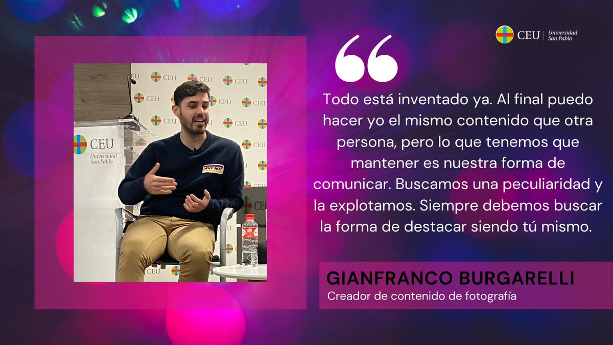 USPCEUHumYCom's tweet photo. Gianfranco Burgarelli (@gianfribul) señala la importancia de saber diferenciarse de otros creadores de contenido. #ComWeek22 https://t.co/68RQkiqpgX
