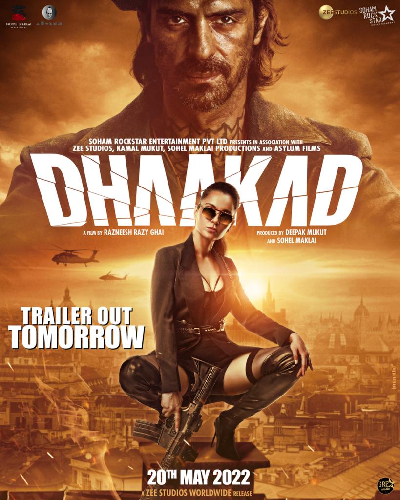 #Dhaakad Tomorrow [29 April], the trailer for #KanganaRanaut, #ArjunRampal, #DivyaDutta, and #SaswataChatterjee will be released... #RazneeshRazyGhai directed the film... #DeepakMukut and #SohelMaklai produced this... The release date is set for May 20, 2022. #Dhaakad