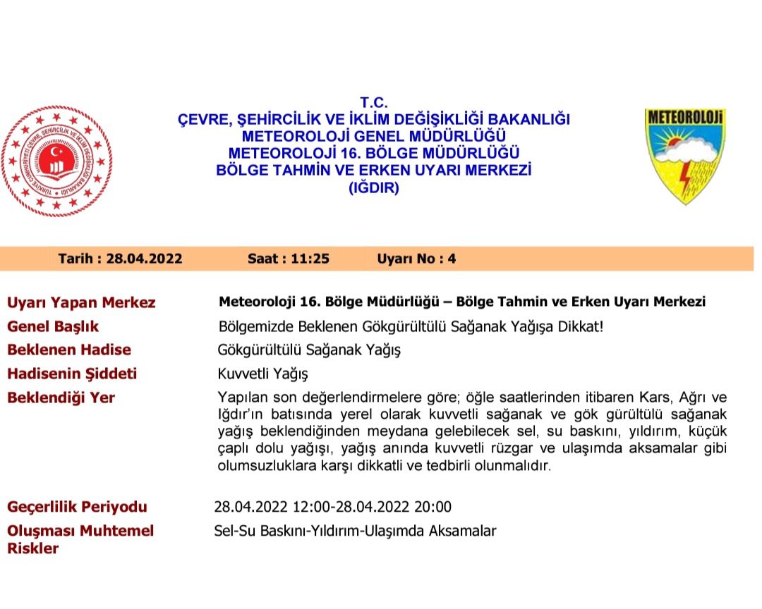 tcagrivaliligi's tweet photo. 📣ÖNEMLE DUYURULUR

⛈İlimizde bugün gök gürültülü sağanak yağışın etkili olması bekleniyor.

⚠️Meydana gelebilecek sel, su baskını, yıldırım, küçük çaplı dolu yağışı, kuvvetli rüzgar ve ulaşımda aksamalar gibi olumsuzluklara karşı dikkatli ve tedbirli olunması rica olunur. https://t.co/Yyxz9RqjBR