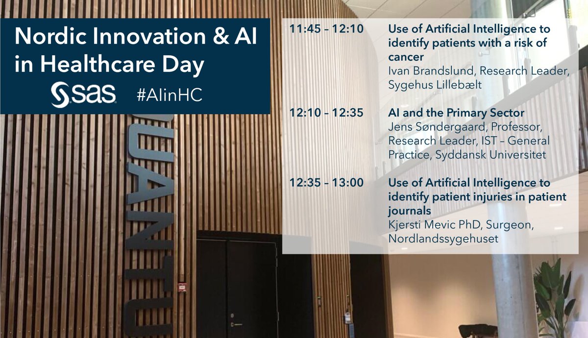 sas_nordic's tweet photo. Next up, three different yet equally fascinating practical applications of #AI in the #healthcare sector will be shared by first Ivan Brandslund (Sygehus Lillebælt), followed by Jens Søndergaard (Syddansk Universitet) and thereafter Kjersti Mevik (Nordlandssykehuset). 

#AIinHC https://t.co/vIyG9WWqpf