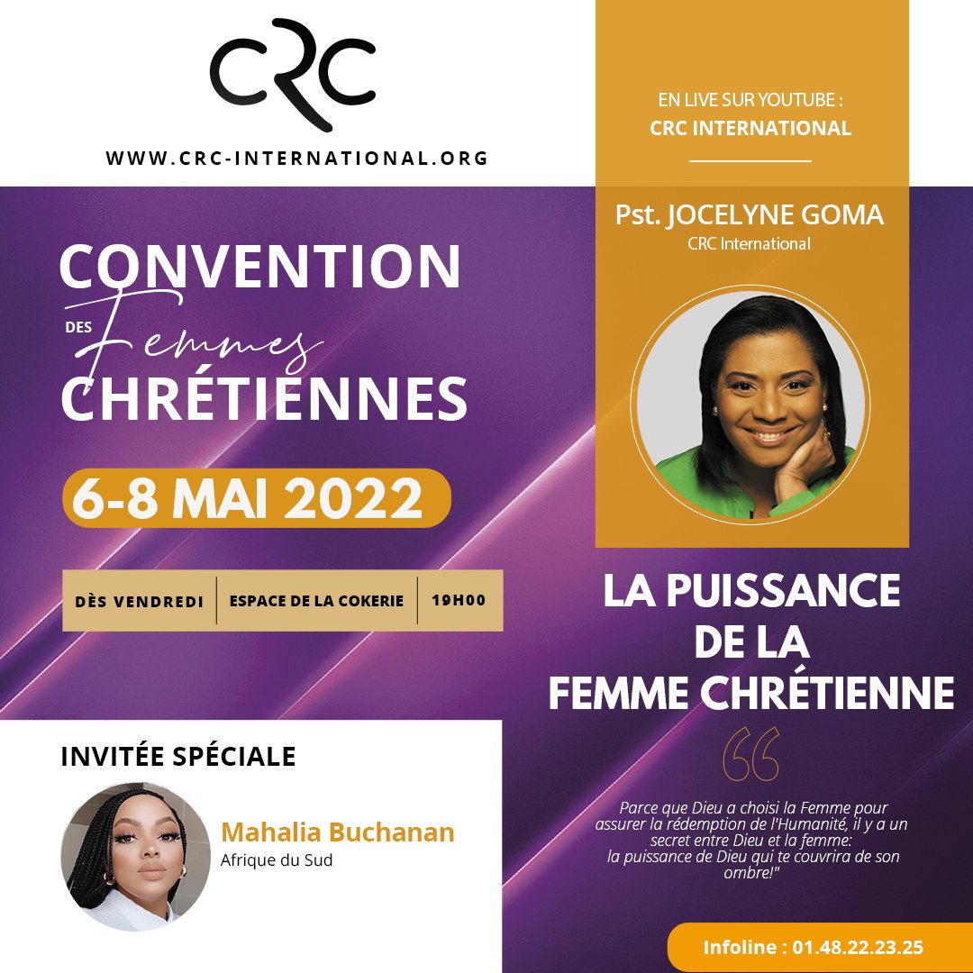 CRCCARAIBES's tweet photo. Pasteur @JocelyneGoma vous convie du 6 au 8 mai à la 𝐶𝑂𝑁𝑉𝐸𝑁𝑇𝐼𝑂𝑁 𝐷𝐸𝑆 #𝐹𝐸𝑀𝑀𝐸𝑆𝐶𝐻𝑅𝐸́𝑇𝐼𝐸𝑁𝑁𝐸𝑆
📺L'évènement sera diffusé en direct sur les plateformes Youtube et Facebook du @CRC_Inter https://t.co/AEBJdUYEhj