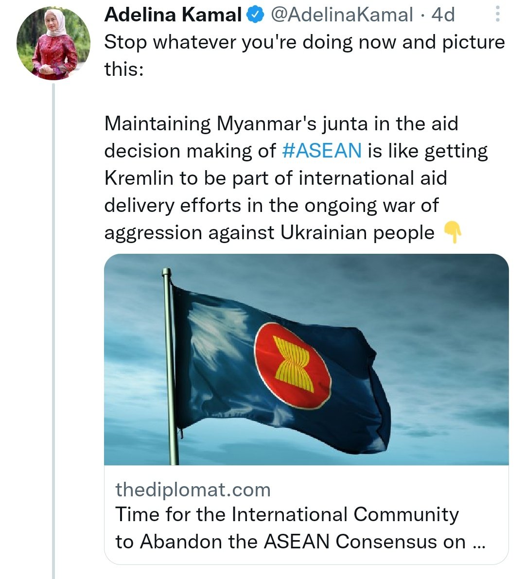 MayWongST's tweet photo. Important observation coming from ex-chief of #ASEAN @AHACentre saying centre &amp; #humanitarian aid distribution for #Myanmar used as "breathing space" by #military. @AdelinaKamal very vocal in criticising #Myanmar #military regime after leaving AHA centre #WhatsHappeningInMyanmar https://t.co/NC1ZJzTFeU