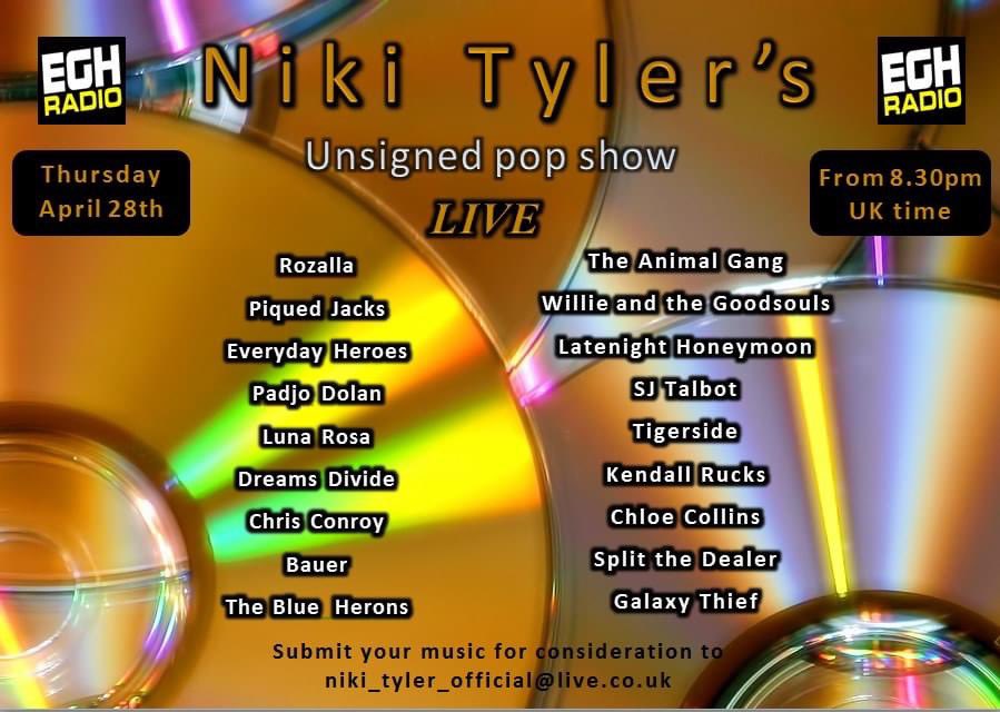 Niki Tyler Official (@nikityler1) on Twitter photo Playing on my <a href="/EGHRadio/">EGH Radio</a> pop show tonight <a href="/padjodolan/">Padjo Dolan</a> <a href="/kendallrucks/">🦋</a> <a href="/rozallab/">Rozalla</a> #TheBlueHerons @SplitTheDealer <a href="/EDHbandUK/">Everyday Heroes</a> <a href="/CConroyMusic/">Chris Conroy</a> <a href="/ThePublicsBand/">The Publics</a> <a href="/Tigerside/">Tigerside</a> Playing on my <a href="/EGHRadio/">EGH Radio</a> pop show tonight <a href="/padjodolan/">Padjo Dolan</a> <a href="/kendallrucks/">🦋</a> <a href="/rozallab/">Rozalla</a> #TheBlueHerons @SplitTheDealer <a href="/EDHbandUK/">Everyday Heroes</a> <a href="/CConroyMusic/">Chris Conroy</a> <a href="/ThePublicsBand/">The Publics</a> <a href="/Tigerside/">Tigerside</a>