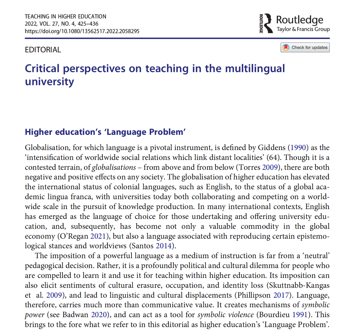 ibrar_bhatt's tweet photo. Pleased to announce that our SI “Critical perspectives on teaching in the multilingual university” is out.
Link to the Editorial: https://t.co/9Y4gYIYxrz
Overall, the SI paints a complex picture of the lived realities for teachers and students in the #MultilingualUniversity (1) https://t.co/cfzD81aXbe