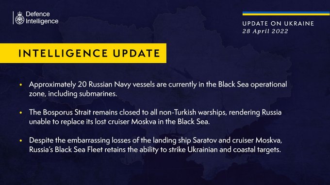 •	Approximately 20 Russian Navy vessels are currently in the Black Sea operational zone, including submarines. 