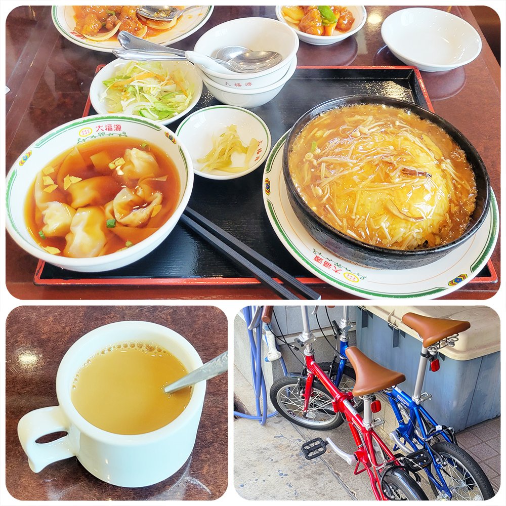jollyboytwitte's tweet photo. 今日はミニベロ２台連ねて、娘とランチタイムライドへ。
フカヒレあんかけ炒飯と酢豚を頼んで、半分ずつ分け合って食べました。食後は珈琲♪

#ランチタイムライド #ミニベロ #中華料理
#lunchtimeride #minivelo #Chinesefood https://t.co/7Iswk2UBFH