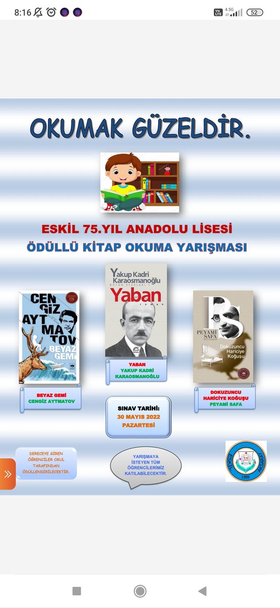 Öğrencilerimizin okuma alışkanlığını artırmak, başarı duygusunu tatmalarını sağlamak, kendilerini daha iyi ifade etmelerine olanak sağlamak için okulumuzda kitap okuma yarışması başlattık📖🏆 <a href="/brahimKler2/">İbrahim Kılıçer</a> <a href="/Eskil_MEM/">Eskil İlçe Milli Eğitim Müdürlüğü</a> <a href="/haciomerkartal/">Hacı Ömer KARTAL</a> @hmzaydg <a href="/Aksaray_MEM/">Aksaray İl Millî Eğitim Müdürlüğü</a>