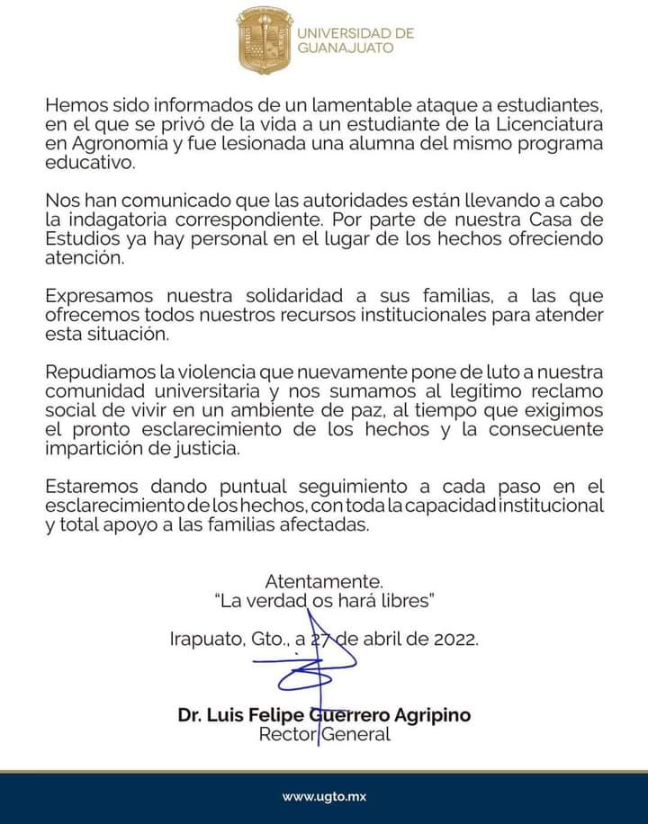 Condenamos el asesinato de Ángel y las lesiones a Edith, estudiante de la <a href="/UdeGuanajuato/">Universidad de Guanajuato</a>, por parte de la Guardia Nacional. La militarización no nos deja vivir en paz. 

¡Investiguen las violaciones de derechos humanos! Nuestra solidaridad con sus familiares.