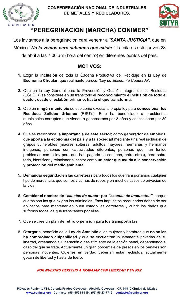 YoSoyCONIMER's tweet photo. A todos los interesados: aquí los motivos de la Peregrinación CONIMER 👇🏼                       #TodosSomosCONIMER #marcha #CONIMER https://t.co/Mjc3On63Wn