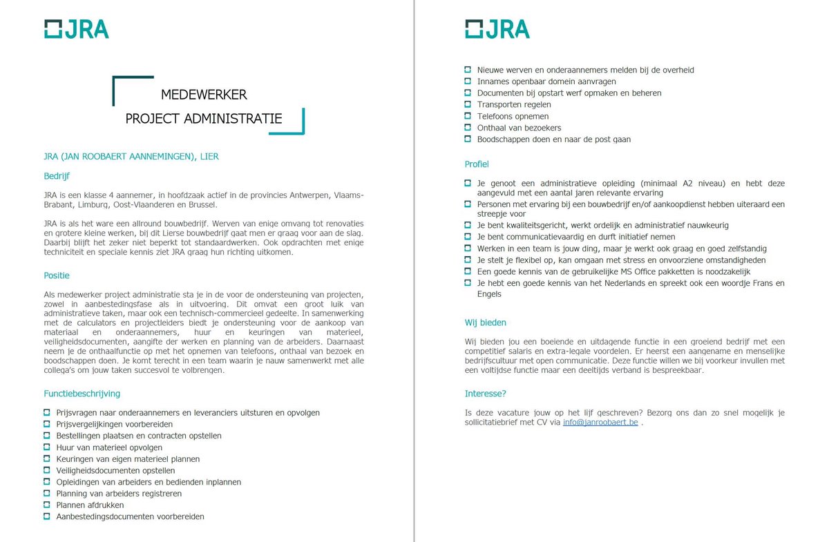 Bij Jan Roobaert Aannemingen hebben we een #vacature voor een medewerker "project administratie". Misschien iets voor jou? Lees er hieronder over en misschien maak je binnenkort wel deel uit van ons enthousiaste team! #werkenindebouw @ConfedBouw