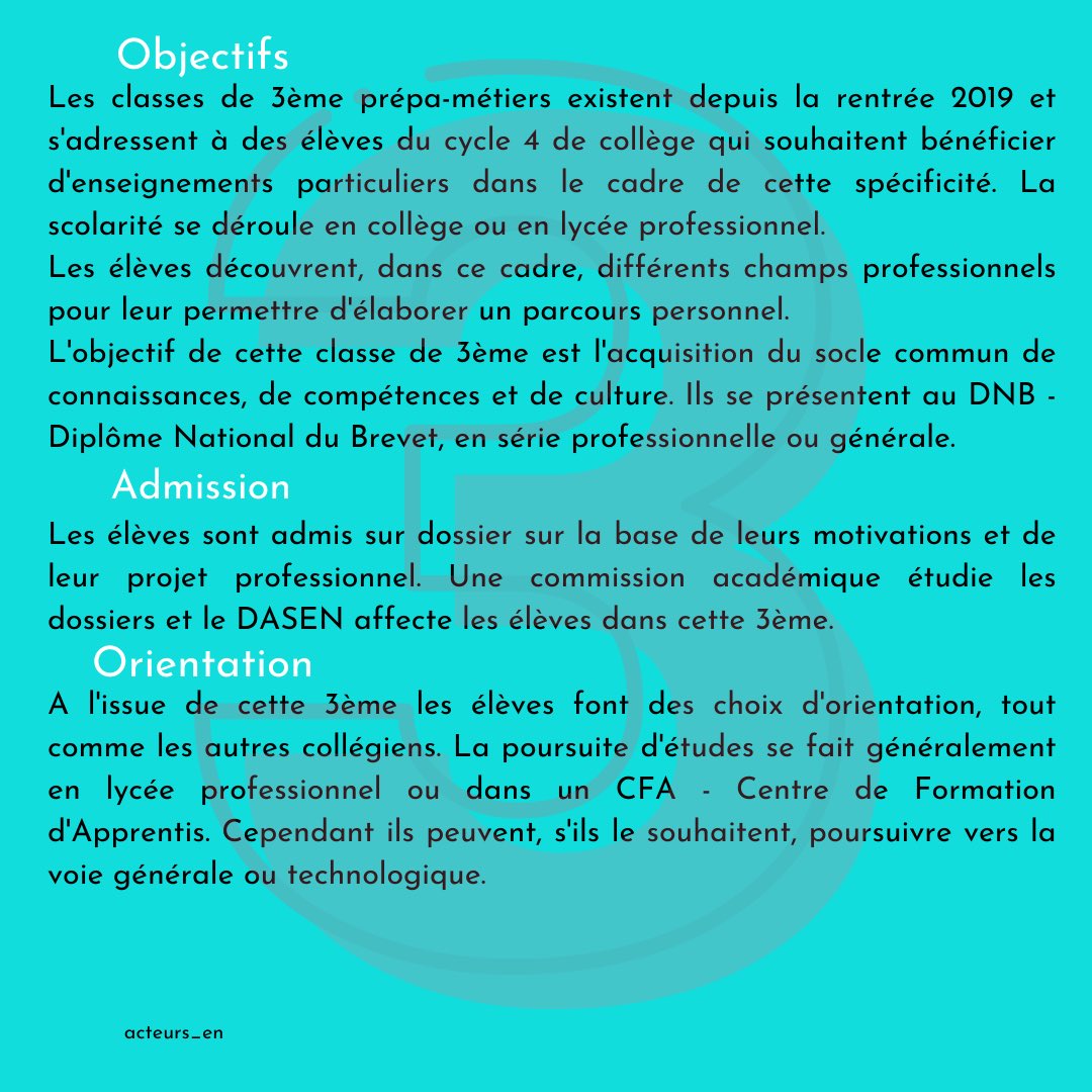 ActeursEn's tweet photo. Qu’est-ce que la 3ème prépa-métiers? #college #orientation #prepametiers #lyceeprofessionnel #soclecommun #eleves #cappei #formation #mdph #ienio #parcours https://t.co/zstma7FUBD