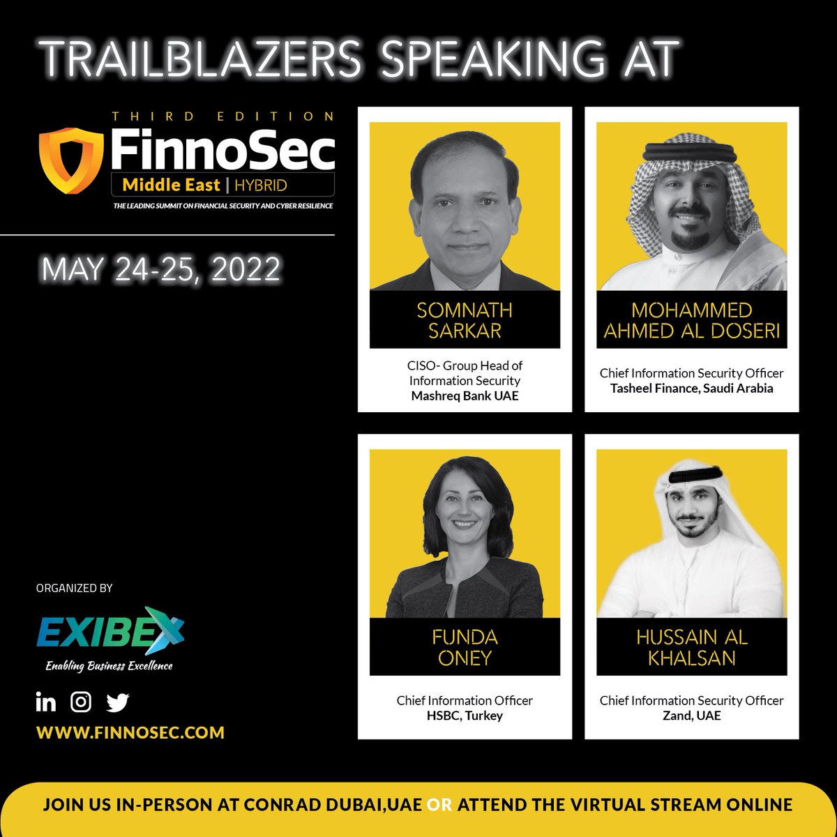 finnosec's tweet photo. Behold our Distinguished Pioneers who will be joining us at Hybrid edition of the FinnoSec #MiddleEast 2022 Summit Live at Conrad Dubai this coming May!

✔️ Save the Dates: 24/25 May 2022
✔️ Time: 09:00  (GULF STANDARD TIME)
🌍 Venue: Dubai, UAE and Online from anywhere! https://t.co/84mqbyguVD