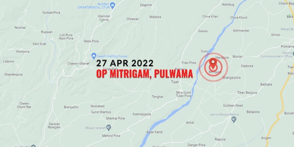 roufwani313v's tweet photo. ChinarcorpsIA: Op Mitrigam, #Pulwama.

Jt op was launched on 27 Apr 22 evening.
Area was cordoned &amp; contact established.
Firefight ensued &amp; two terrorists eliminated. In the process 01 soldier was injured.
War like stores recovered.
Jt op over.

#Kashmir… https://t.co/9lbSe2deLN