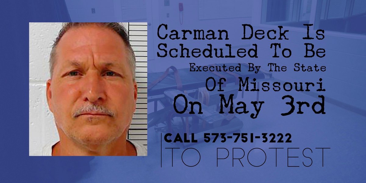 After 3 unconstitutional trials #CarmanDeck is scheduled to be executed in only 5 days! Pls take action today, call/tweet @GovParsonMO urge him to halt the execution and grant clemency to Mr. Deck.
Time to stop the cycle of violence! #StopExecutions
Follow: <a href="/MADPMO/">Missourians to Abolish the Death Penalty</a>