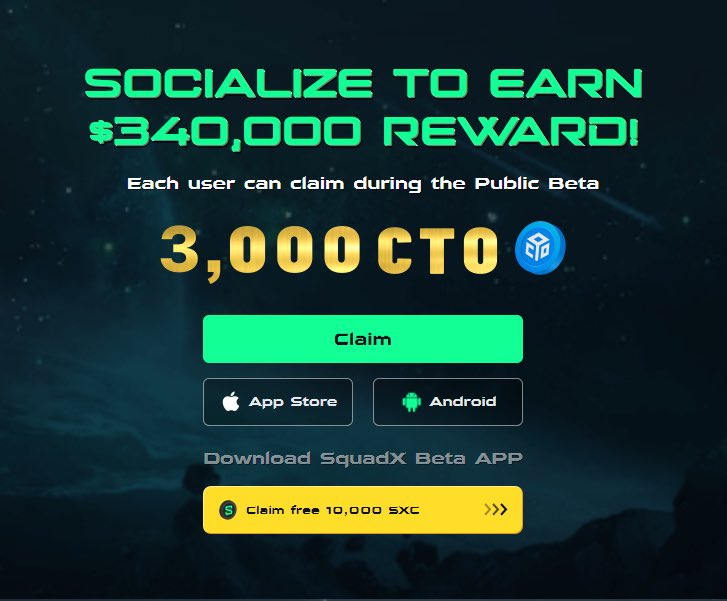 Airdrop: SquadX Hunter
Prize Pool: $340,000
Winner: For Everyone 

Airdrop page: wn.nr/rB6CZd

Claim free 10,000 SXC: m-beta.squadx.club/invite/7zXbyieR

Submit BSC wallet address.
