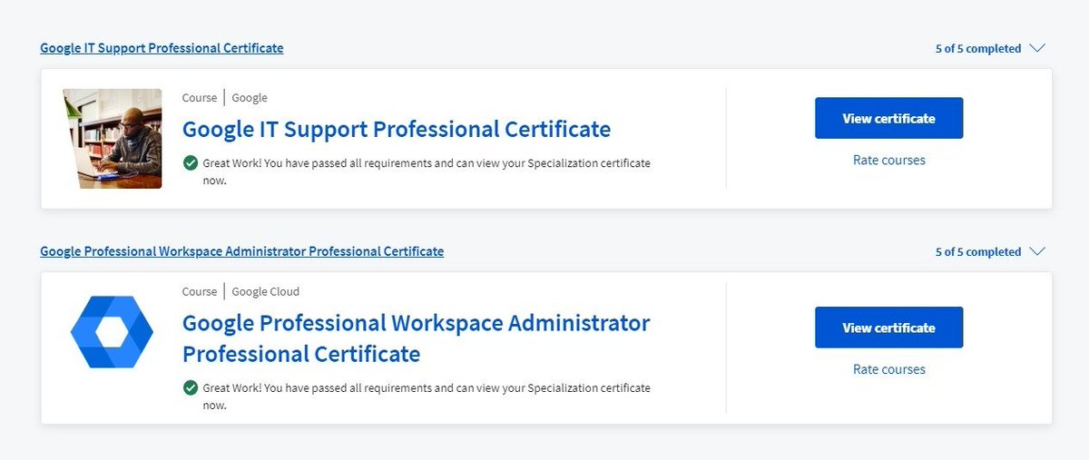 Thanks for all the support @JamesDSayer and @AppsEvents1 in encouraging me to step up my game and get my Workspace Admin Pro Cert and my IT Support Professional Certificate from @coursera I can't wait to put them to good use!