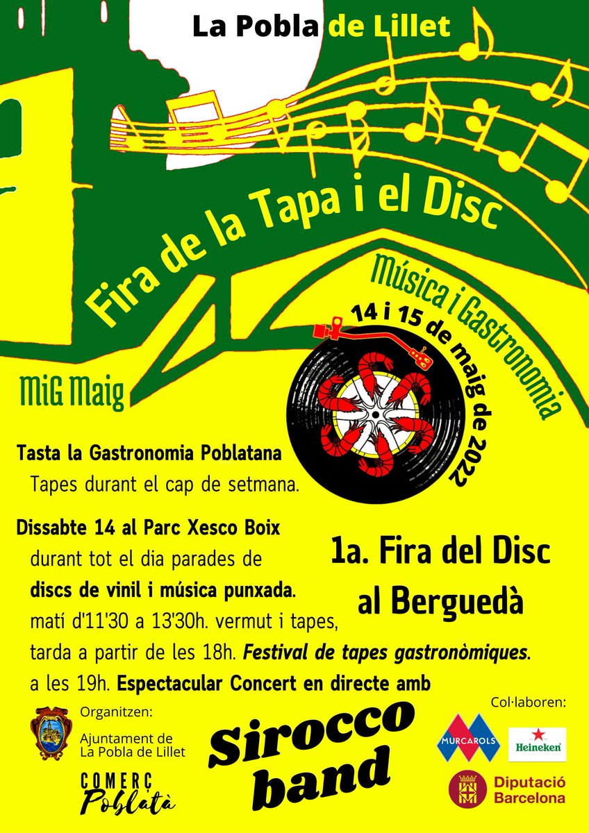 AjPoblaLillet's tweet photo. 1a. Fira de la Tapa i el Disc
🎶🎶 MiG Maig 🍢🍢
Música i Gastronomia

📅 14 i 15 de maig de 2022 

1a. Fira del Disc al Berguedà
Tapes de Gastronomia Poblatana
Parades de discs de vinil. 

#MiGmaig #MiG #FiradelaTapaielDisc 
#LaPobladeLillet #Berguedà #GaudeixLaPobla 
#Gaudí https://t.co/OPgFhn8n8W