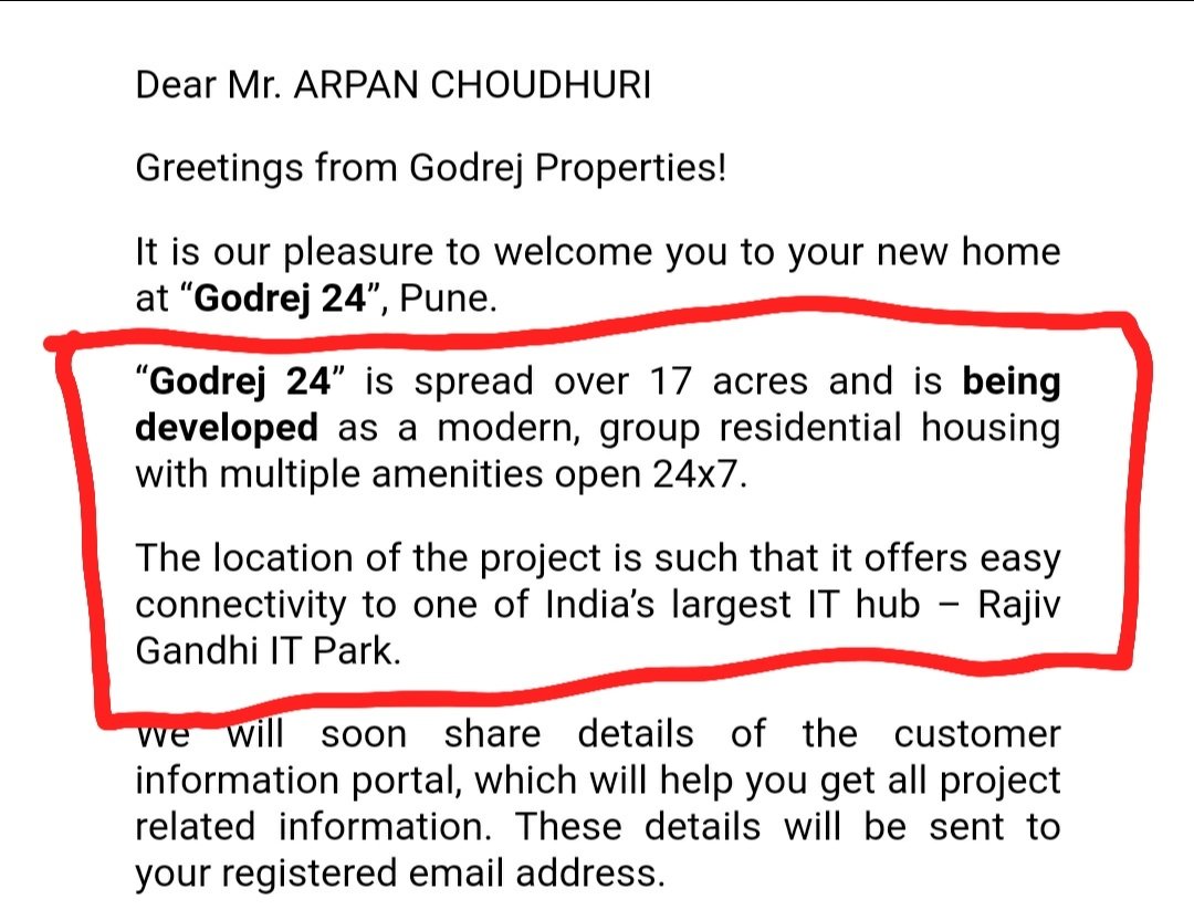 Welcome letter that I had received in  2017 from <a href="/GodrejProp/">Godrej Properties Limited</a>  clearly states "GODREJ 24 PUNE is being made as a 17-acre property". After 4.5 years, Mr. Ujjwal Sarkar insists that complex dimension was a TYPING MISTAKE and expects 97 customers to "bear the mistake (or #fraud).