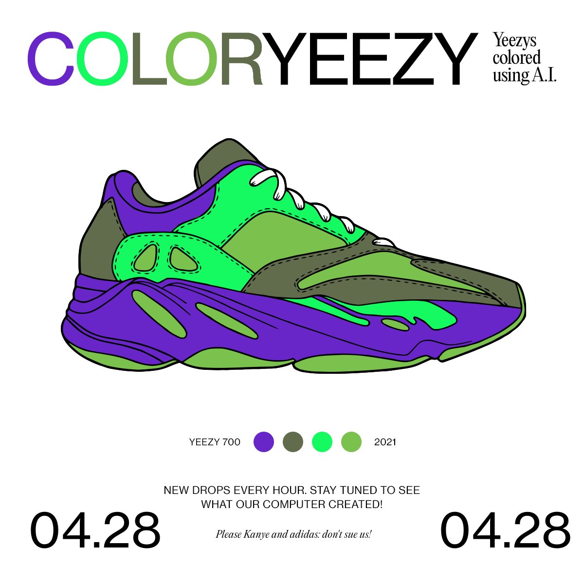 coloryeezy's tweet photo. “We made "ColorYeezy,” and we are never going to hell.” Just kidding! Our bot made another colorway. https://t.co/Y7Tz4MAERp