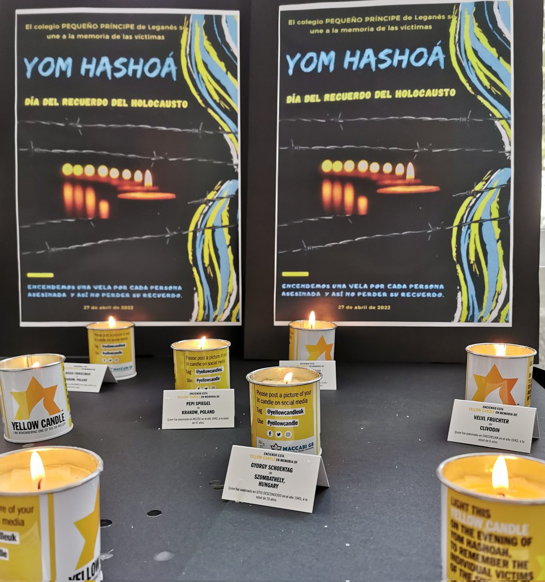 Mar_geo68's tweet photo. 27 de abril DIA DEL RECUERDO DEL HOLOCAUSTO. El colegio Pequeño Príncipe de Leganés se une a este recuerdo encendiendo una vela en nombre de algunos de los millones de personas asesinadas durante el Holocausto. #YellowCandle #maccabispain https://t.co/xAzrxnD1gT
