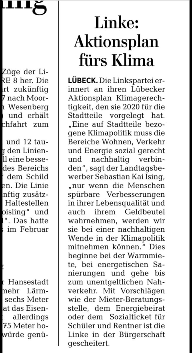 Die <a href="/LN_Online/">LN_Online</a> berichten über den Aktionsplan #Klimagerechtigkeit der <a href="/DieLinkeHL/">DIE LINKE. Lübeck</a> - eine sozial gerechte Klimapolitik scheitet in der Bürgerschaft immer wieder an den Gegenstimmen der <a href="/spdhl/">SPD Lübeck</a>