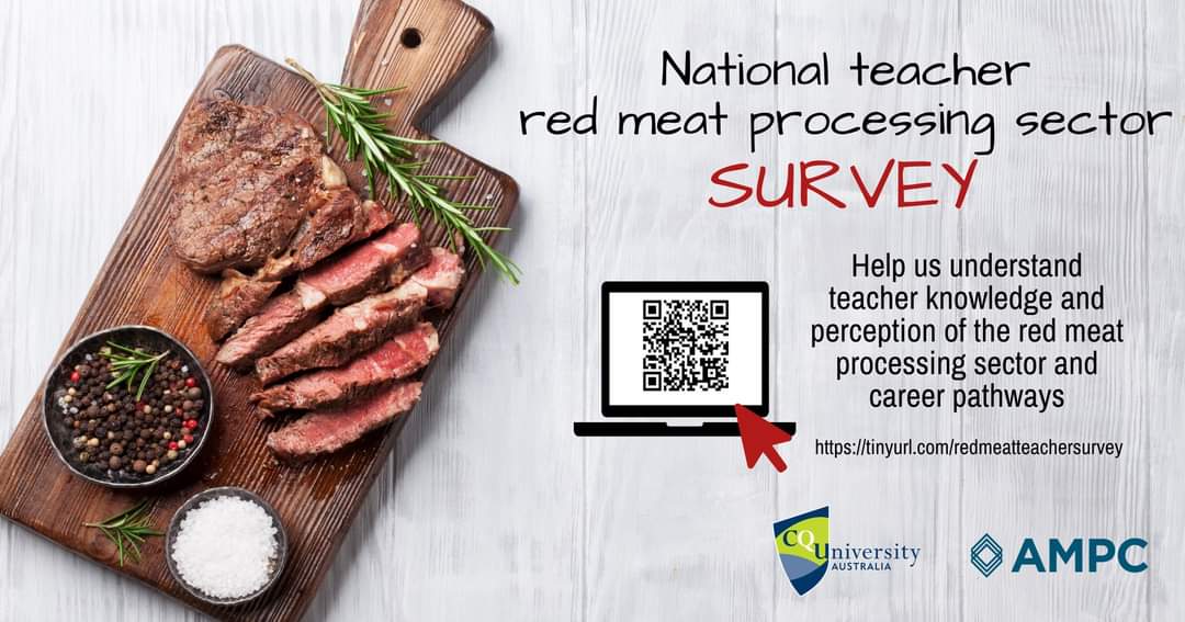 📢 Calling all teachers across Aus! This is your chance to tell us what you do or do not know about the red meat processing sector.

➡️ Complete the short survey here:
tinyurl.com/redmeatteacher…

This project has been approved by the @CQUni Human Research Ethics Committee #23414.