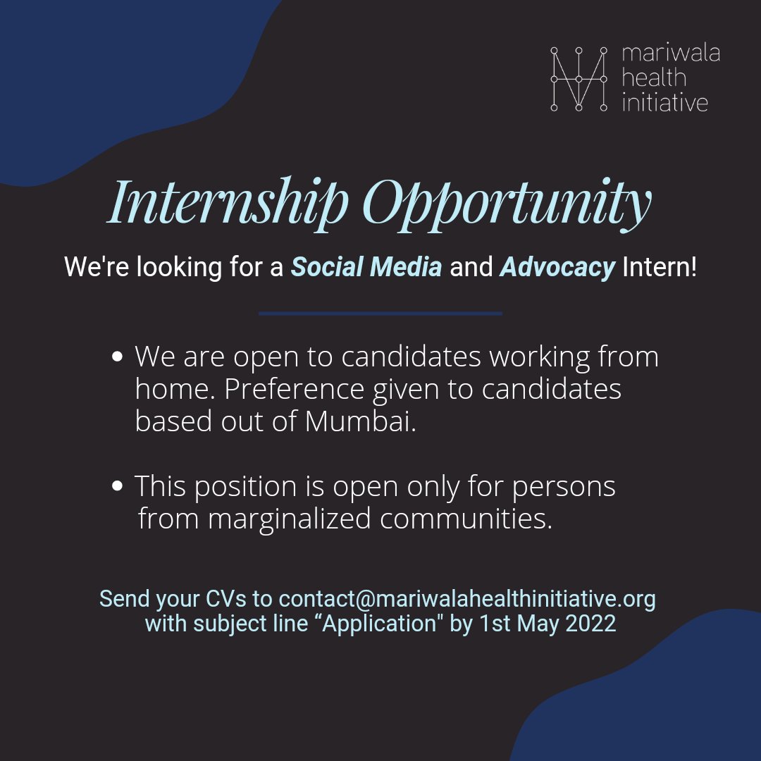 #InternshipAlert: We're looking for two interns, preferably from marginalized communities, to come work with us! The last date to apply is May 1, 2022. Click here for more info: linktr.ee/MariwalaHealth…