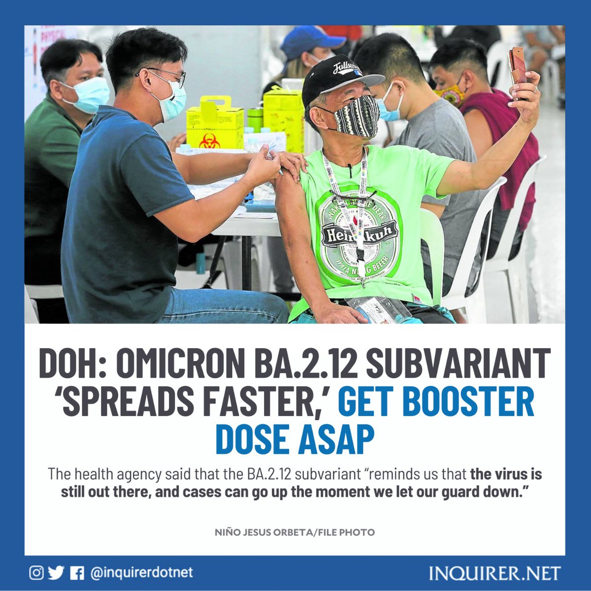 inquirerdotnet's tweet photo. The Department of Health urged the public to get their COVID-19 booster shots as soon as possible, following the detection of the country’s first case of the Omicron BA.2.12 subvariant that it says “spreads faster.”

READ: https://t.co/DJl4x0OAd9 https://t.co/qld6baLq5T