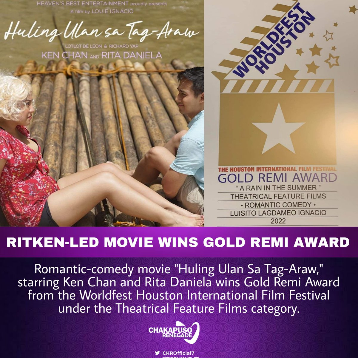 KapusoCrave's tweet photo. Romantic-comedy movie "Huling Ulan Sa Tag-Araw," starring @akosiKenChan and Rita Daniela wins Gold Remi Award at the 55th Worldfest Houston International Film Festival under the Theatrical Feature Films category.
#RitKen #HulingUlanSaTagAraw https://t.co/DMW3vIVqGk