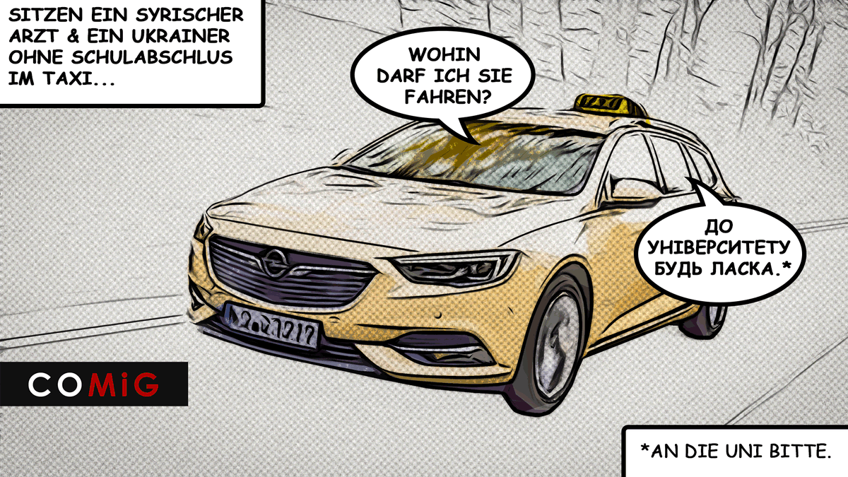 MiGAZIN's tweet photo. Sitzen ein syrischer Arzt und ein Ukrainer ohne Schulabschluss im Taxi... #COMiG @MiGAZIN https://t.co/rKTRU1NQPI