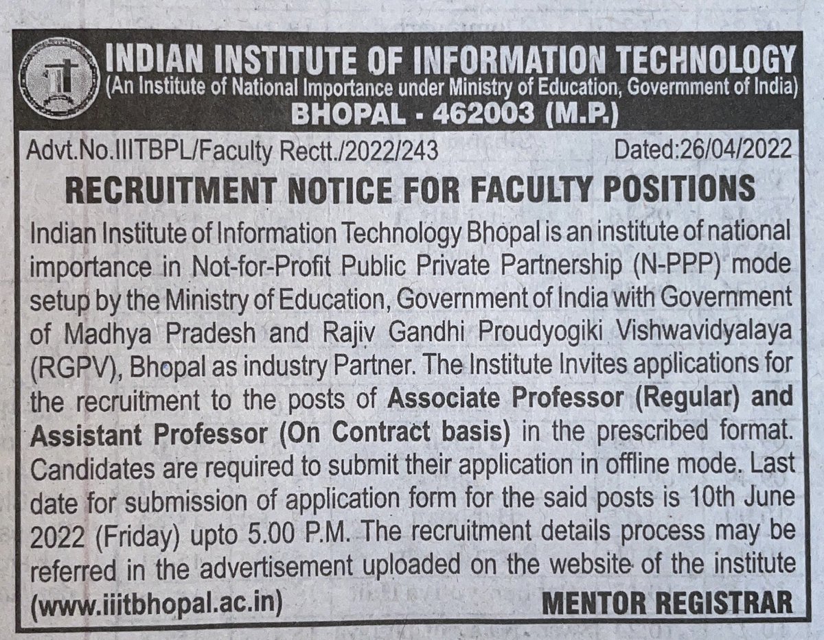 nainrs's tweet photo. Faculty positions available at Indian Institute of Information Technology, Bhopal. https://t.co/cFTpxLgrqB