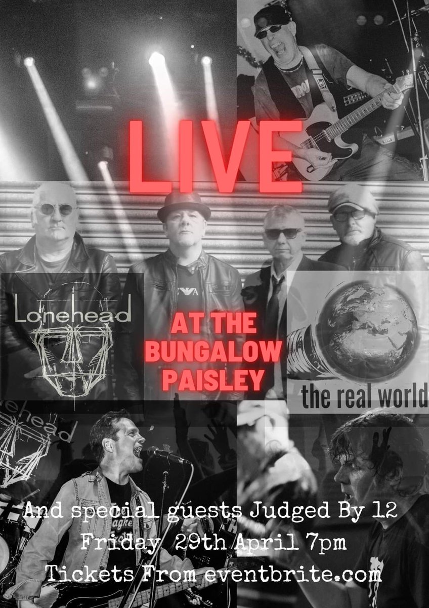 Lonehead LIVE💥
Tickets from ow.ly/nmJE50IcIum £5.98
Lonehead, The Real World : Glasgow Blues Band and Judged by 12 LIVE at The Bungalow  this Friday 29th April... don't miss it!!🤩