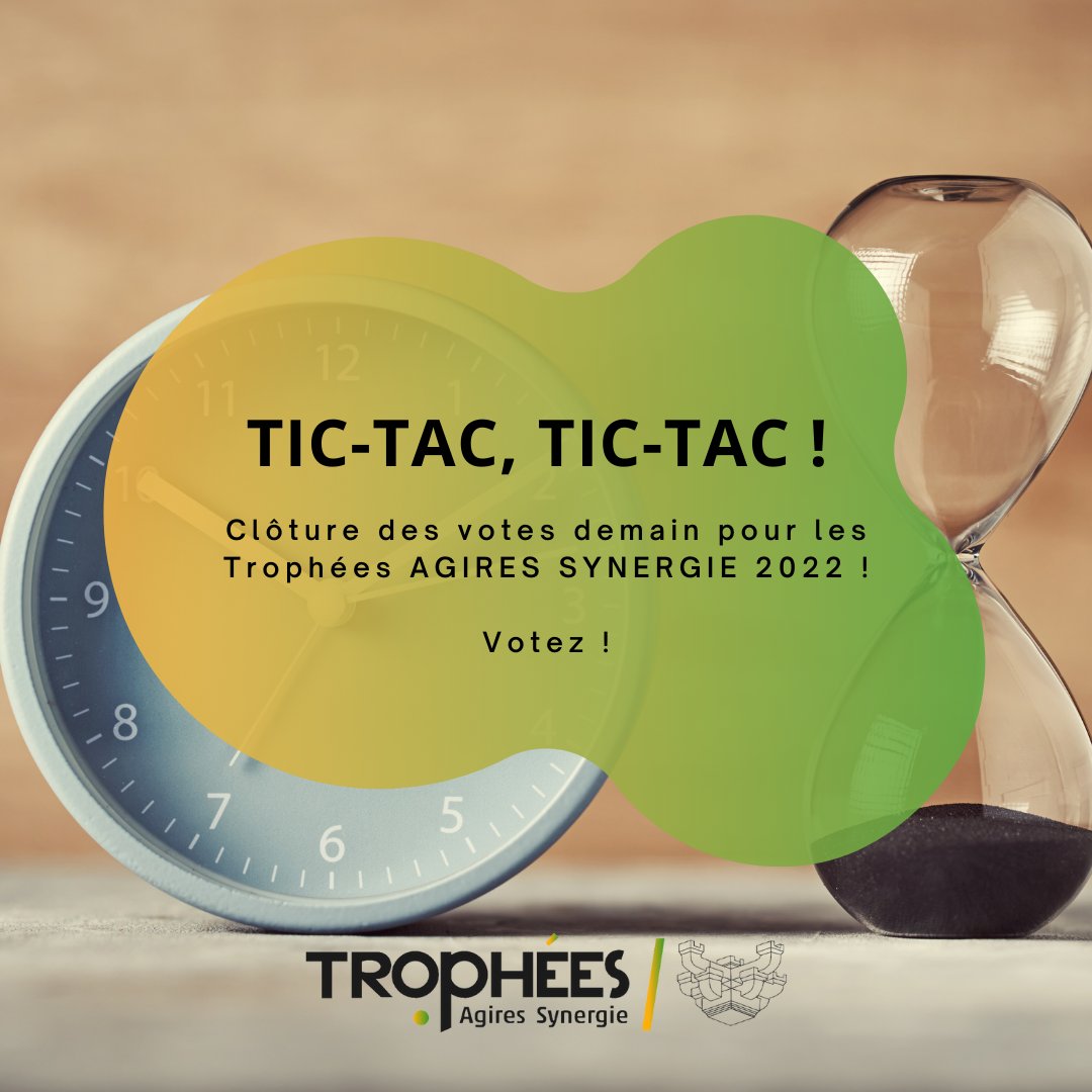 ⏱️Clôture des votes demain pour les Trophées AGIRES SYNERGIE 2022 !

🚀Établissements d’enseignement supérieur et entreprises, dernière chance pour permettre à vos partenaires favoris de monter sur le podium… 

📩Votez vite ! cutt.ly/pGbLtGk