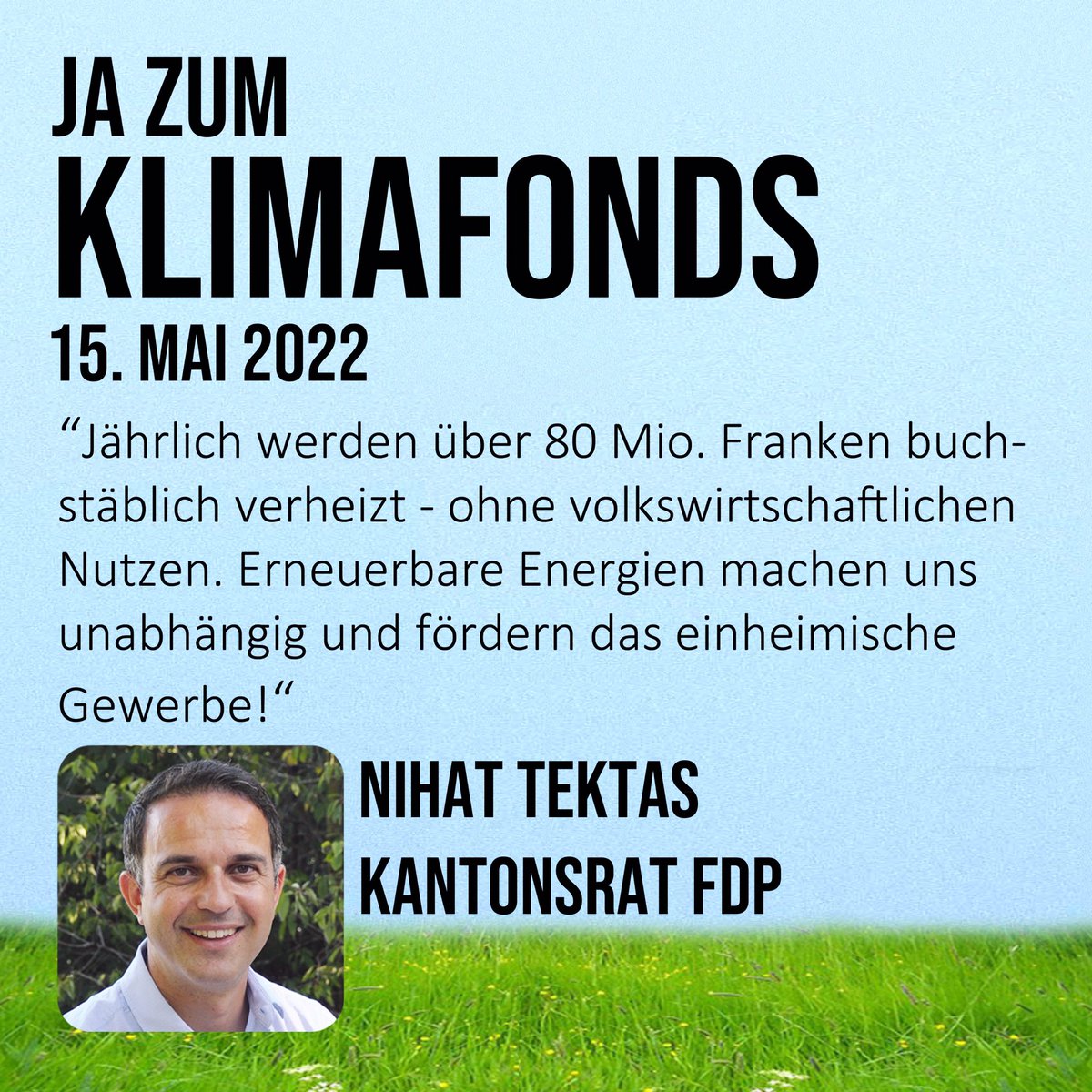 KlimafondsJA's tweet photo. "Mit erneuerbaren Energien das lokale Gewerbe fördern." 
So der Kantonsrat Nihat Tektas, FDP

#JazumKlimafonds 
#KlimafondsJa
#ErneuerbareEnergie
#Wirtschaftstärken https://t.co/80SRRzX7jw