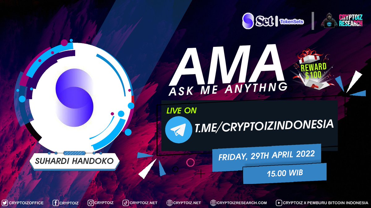 CryptoizOffice's tweet photo. ‼️Announcement‼️
Cryptoiz will hold 𝐀𝐒𝐊 𝐌𝐄 𝐀𝐍𝐘𝐓𝐇𝐈𝐍𝐆 with Tokensets🥳🎉
⏰Friday, 29th April 2022, 08.00AM UTC ( 15.00 WIB )
📌Veneu : CRYPTOIZ X PBI Telegram
🎁Rewards: $100
❗Leave your questions in Telegram Group DURING LIVE❗
#Cryptoizresearch #Tokensets #AMA https://t.co/U1krPFvp18