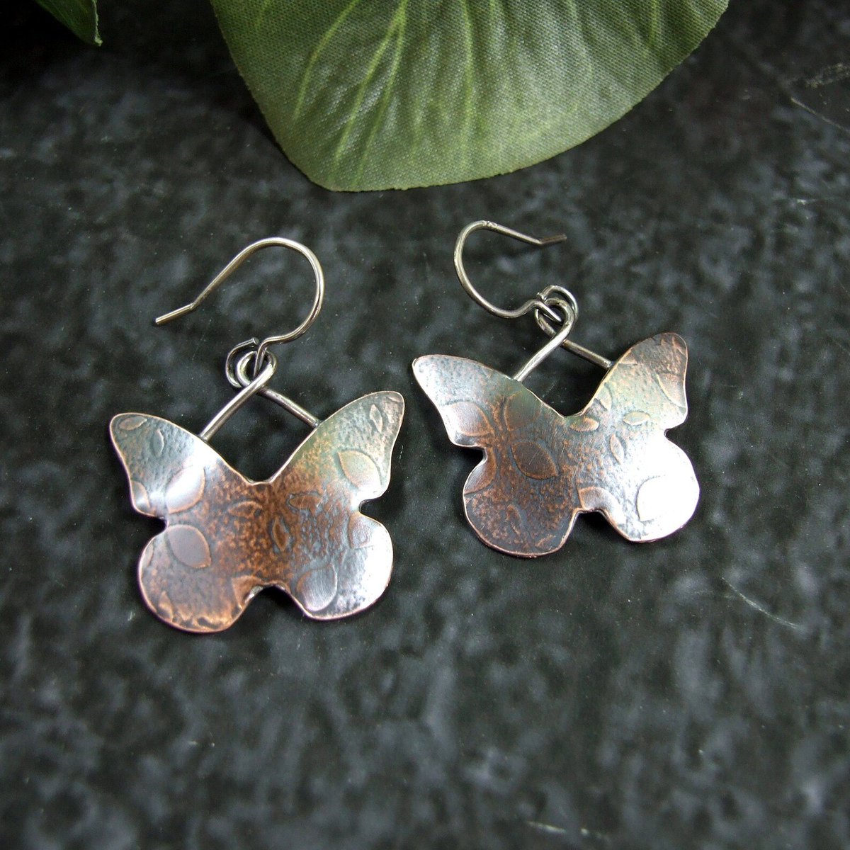 Copper Butterfly Earrings, Copper and .925 Sterling Silver, Hand Forged Earrings, Patterned Texture, Copper Dropper Dangle Earrings etsy.me/3Lqs4bo via @Etsy #boho #earrings #etysuk