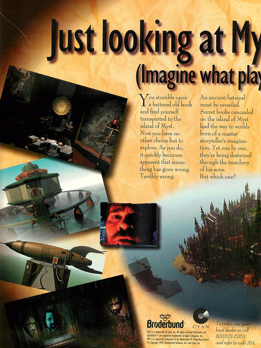 TakodanTweets's tweet image. 1994 two page advert for the game 'Myst' by #Broderbund on #Macintosh