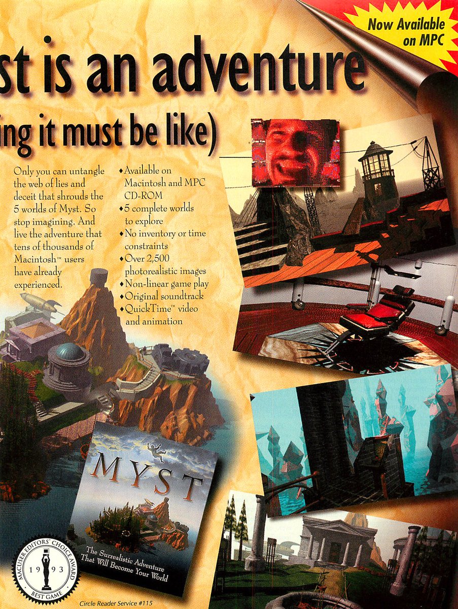TakodanTweets's tweet image. 1994 two page advert for the game 'Myst' by #Broderbund on #Macintosh