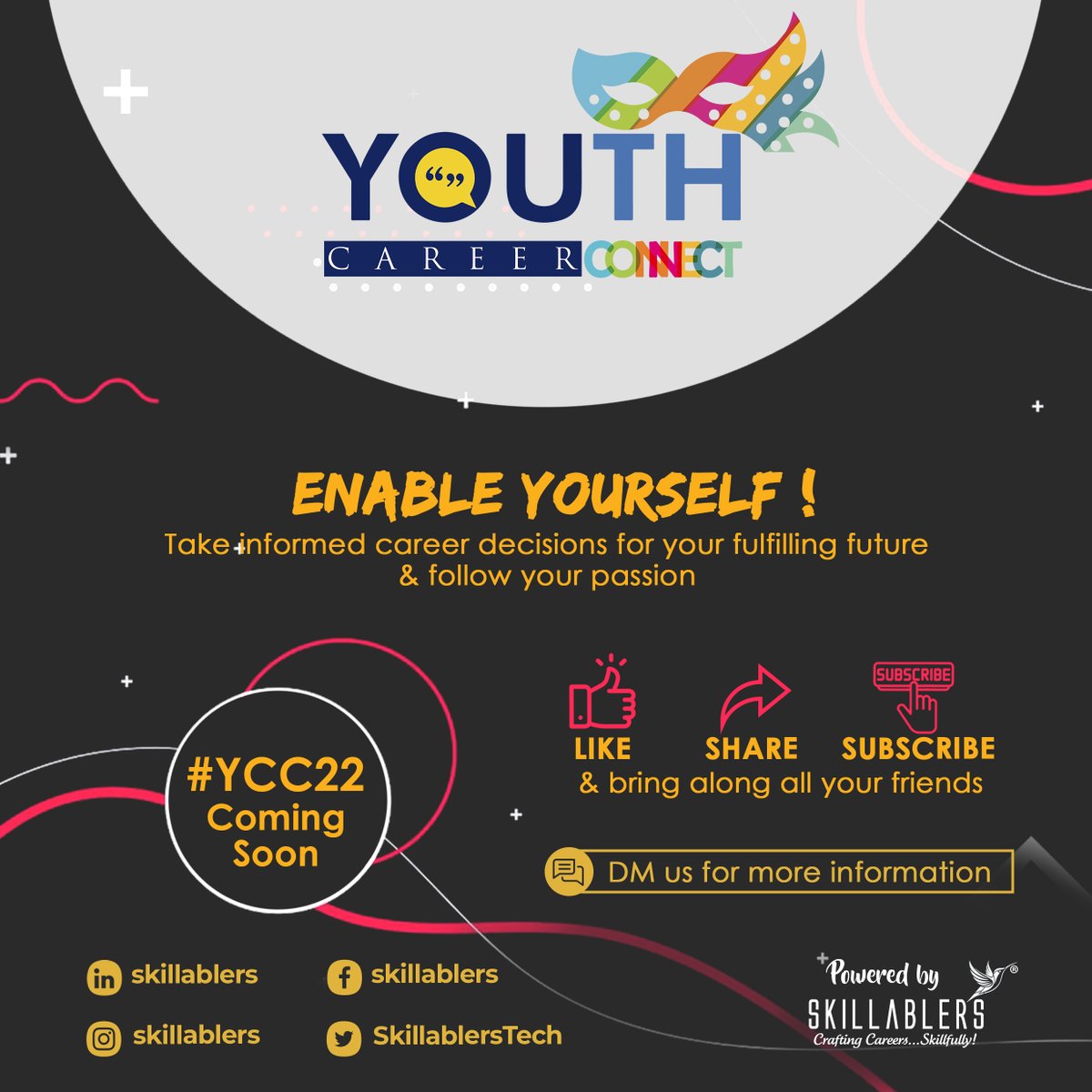 SkillablersTech's tweet photo. Enable yourself, take informed career decisions for your fulfilling future and follow your passion.
YCC22 is coming soon. Join and participate.
#YCC22
Like, Share &amp; Subscribe and bring along all your friends.
For more information DM us.

#youth #career #buildingcareer #workready https://t.co/xo3vAGJzn4