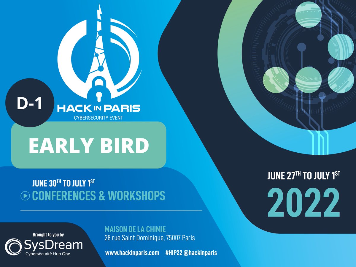 📣⏳1 day left to get your early bird ticket!⏳📣

With this ticket get access to 2 days filled with conferences, workshops and a networking party.

Hurry up to save your seat ! ➡️🎫hackinparis.com/store/

#CyberSecurity #cyberevent #paris #conferences #workshops #event