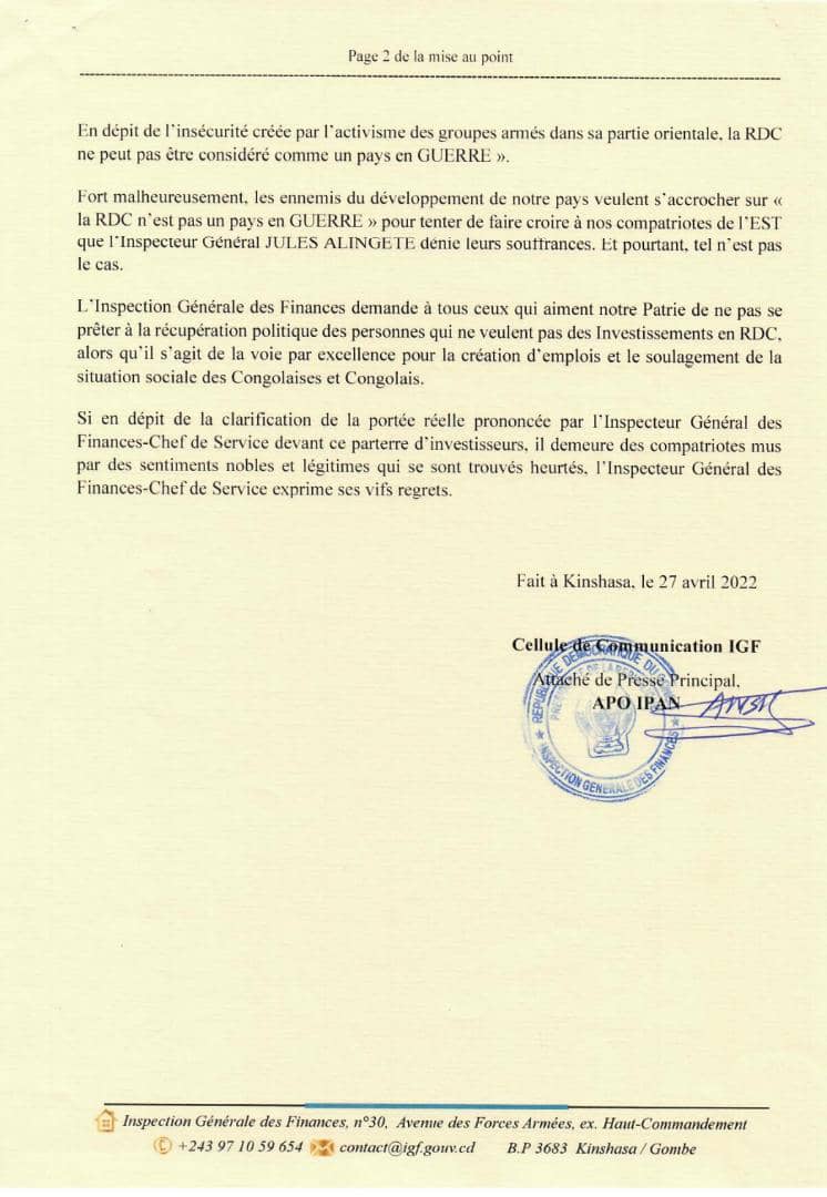 Esther MPEZO (@esthermpezoomba) on Twitter photo Mise au point de <a href="/IgfRdc/">IGF/RDC Officiel</a> sur la communication mal comprise de <a href="/ALINGETEJULES_K/">JULES ALINGETE KEY</a> La #RDC demeure un pays où l'on peut investir nonobstant les quelques poches d'insécurité dans la partie Est du pays. <a href="/VoiceOfCongo/">The Voice Of Congo</a> @maguy_mbuku <a href="/christian_omba/">Christian OMBA</a> <a href="/Pourelleinfo1/">POURELLE.INFO</a> <a href="/DaveNgonde/">Journaliste DAVE NGONDE</a> @CybelleKamba Mise au point de <a href="/IgfRdc/">IGF/RDC Officiel</a> sur la communication mal comprise de <a href="/ALINGETEJULES_K/">JULES ALINGETE KEY</a> La #RDC demeure un pays où l'on peut investir nonobstant les quelques poches d'insécurité dans la partie Est du pays. <a href="/VoiceOfCongo/">The Voice Of Congo</a> @maguy_mbuku <a href="/christian_omba/">Christian OMBA</a> <a href="/Pourelleinfo1/">POURELLE.INFO</a> <a href="/DaveNgonde/">Journaliste DAVE NGONDE</a> @CybelleKamba