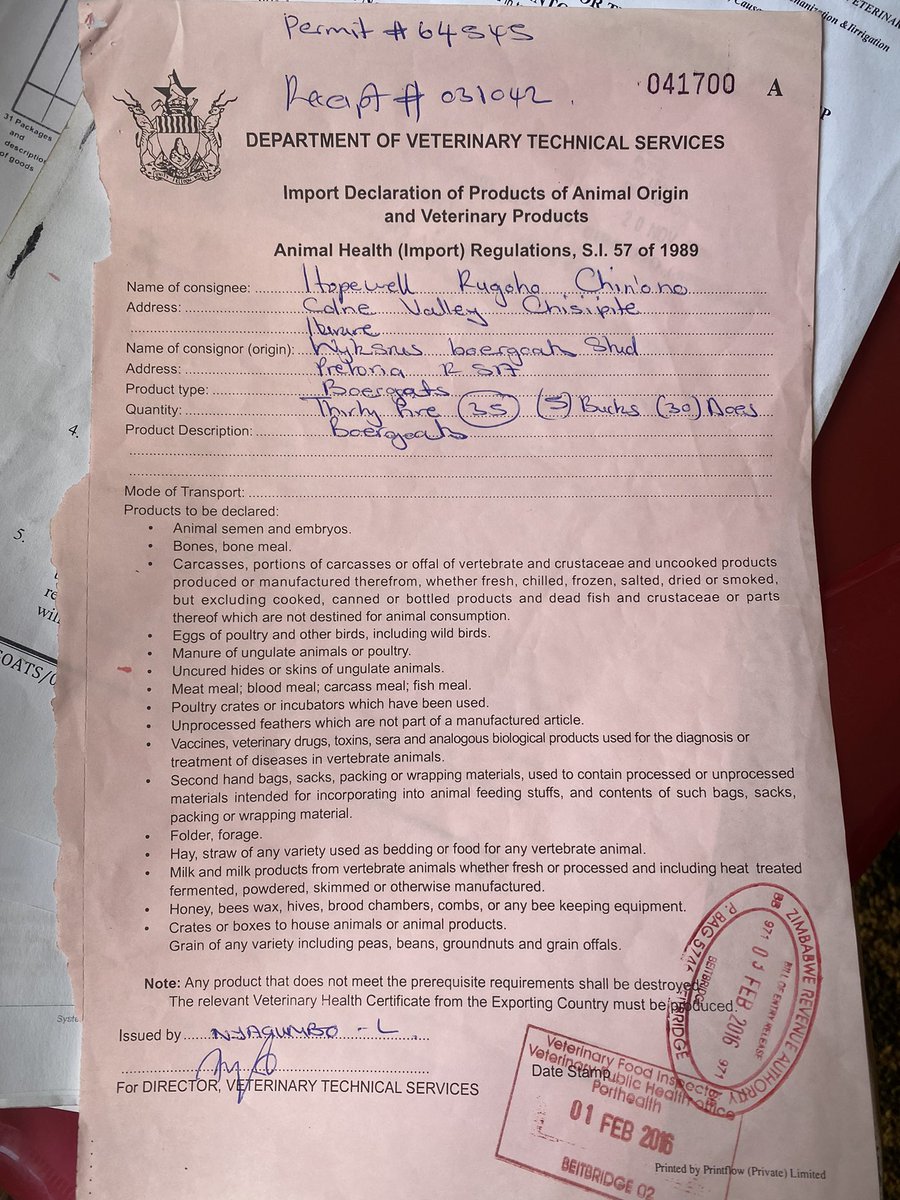 daddyhope's tweet image. 5. When the goats got to the Zimbabwean side, the Department of Veterinary Technical Services issued this document.

This is the story of how I imported my Boer goats.

Now I want ZANUPF and the regime to explain how and when they gave me Boer goats for my community!

Havanyare!