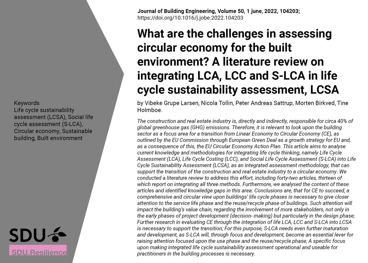 We are glad to share with you our #publication " What are the challenges in assessing circular economy for the built environment? in Journal of Building Engineering, Volume 50, 1 June 2022, 104203; doi.org/10.1016/j.jobe…
#LCSA, #SLCA,#Circulareconomy,#Builtenvironment