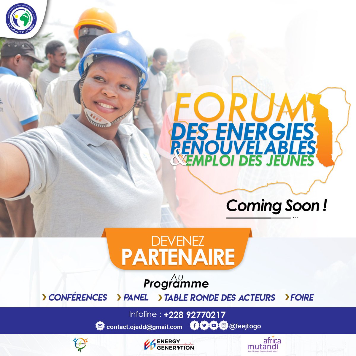 FEEJ_WestAfrica's tweet photo. Entreprises, banques, institutions,...devenez sponsors/partenaires de la 4è édition du Forum des Énergies Renouvelables et de l'Emploi des Jeunes en Afrique de l'Ouest.
#FEEJ - Initié par @ojedd_global & co-organisé par @AfricaMutandi × @EgentTogo × @EnergyGenAfrica
#feejao2022 https://t.co/6lmHwGMKrB