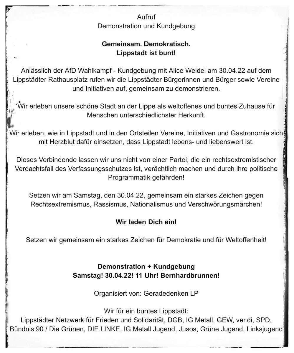 GeradedenkenLp's tweet photo. Erinnerung + Update
Wir freuen uns auf Samstag und besonders darauf möglichst viele von euch zu sehen und zu hören.
Die Kundgebung beginnt am kommenden Samstag den 30.04.22 um 11 Uhr am Bernhardbrunnen. (1)
#LP3004 #Lippstadt #noafd https://t.co/Saqx2JBwHx