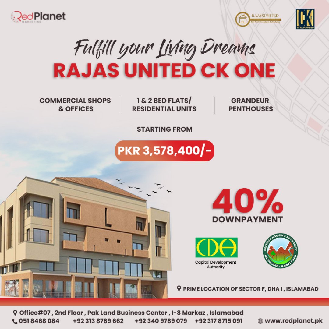 RedPlanetMkt's tweet photo. RAJAS UNITED CK-ONE A project that would have your dreams fulfilled gracefully, effortlessly and most importantly - affordably.
Book Now!
#commercial #offices #officesforsale #penthouseforsale #penthouse #DHAislamabad #dha #sectorfdha #sectorf #DHA #redplanet https://t.co/7u0qdYSid3