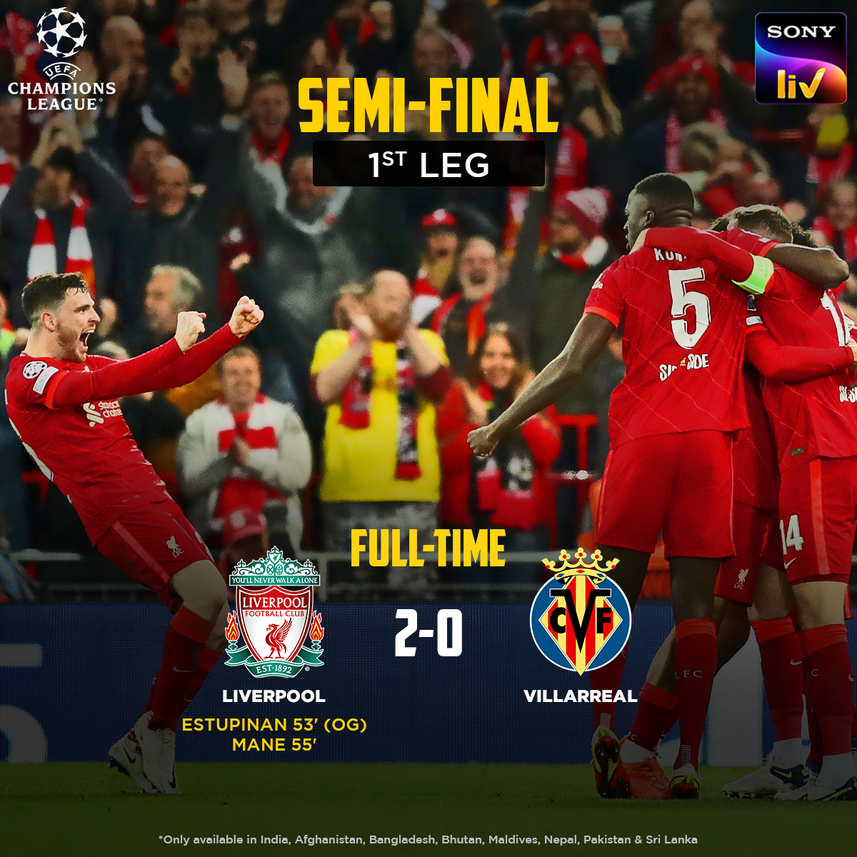 SonyLIV's tweet photo. Just a matter of ✌️ minutes ⏱️
@VillarrealCFen put up a fight at Anfield but it's advantage @LFC after the first leg 🙌
#LIVVCF #UCL #AreYouUpForIt #SonyLIV https://t.co/sxpDB3VNwY