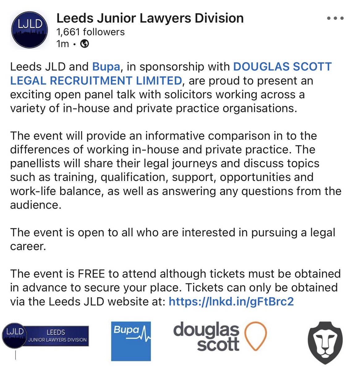 Don’t miss out on our next event: 

IN-HOUSE V PRIVATE PRACTISE PANEL EVENT

Last few tickets remaining - get yours via our website! 

<a href="/DouglasScottLtd/">Douglas Scott Legal Recruitment</a> <a href="/Bupa/">Bupa</a> <a href="/BPPLeeds/">BPP University Law School | Leeds Centre</a> 

#InHouse #InHouseRecruitment #InHouseTeam #InHouseJobs #InHouseAdvice #InHouseUpdates